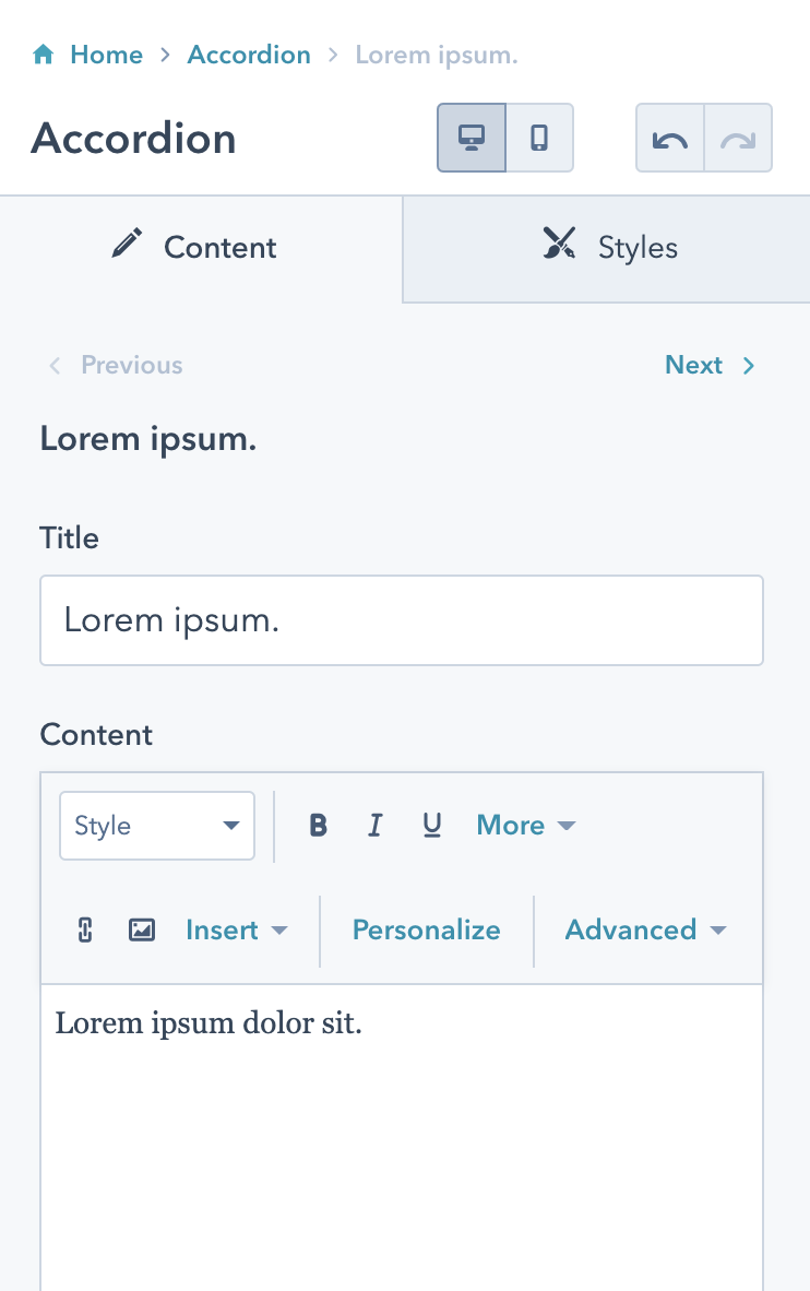 Inputs for each accordion item in the module
