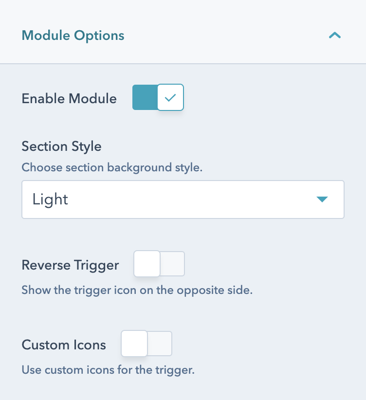 Module Options for the Accordion Module including section style, trigger position, and custom icon selection