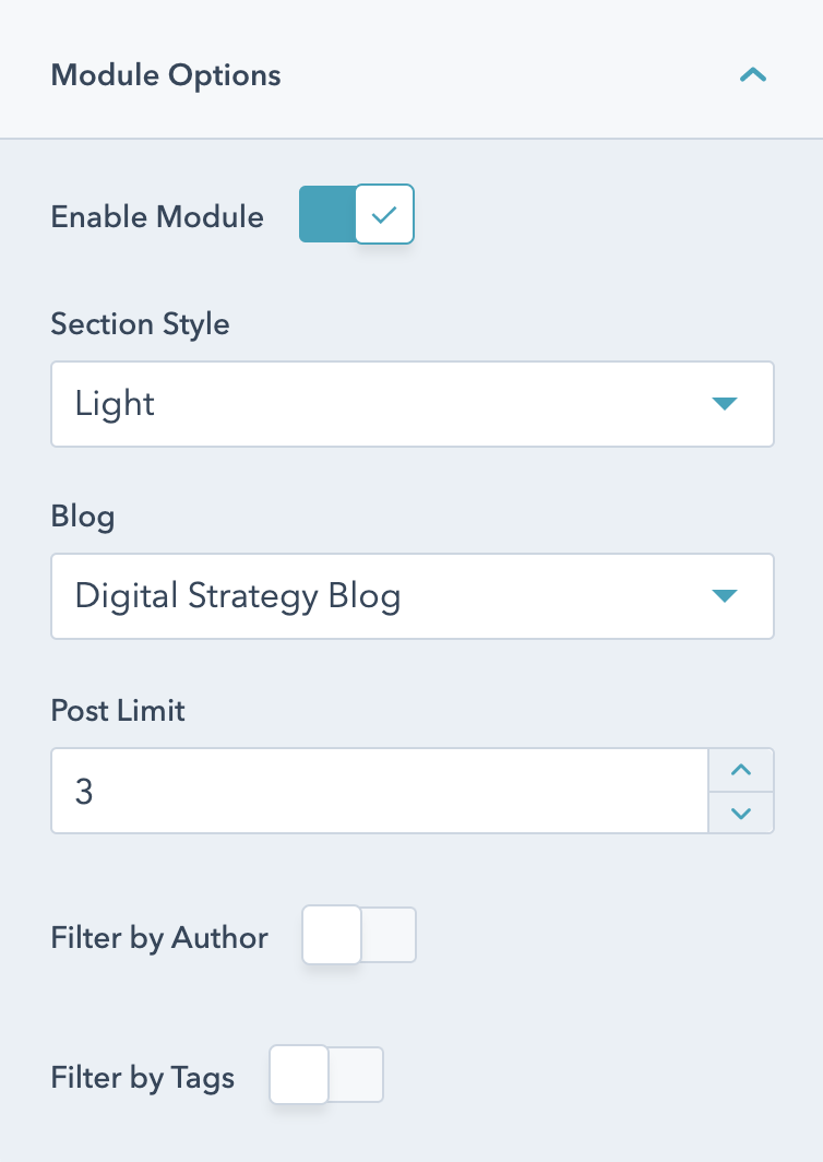 Module options for the blog slider including color scheme, blog source, post limit, and filters