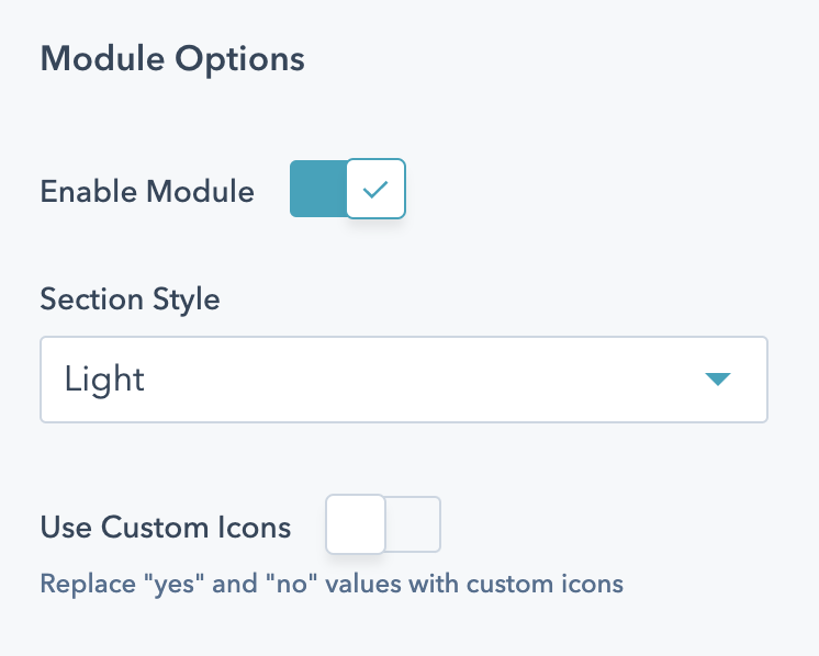Comparison chart module options including section style and toggle for custom icons