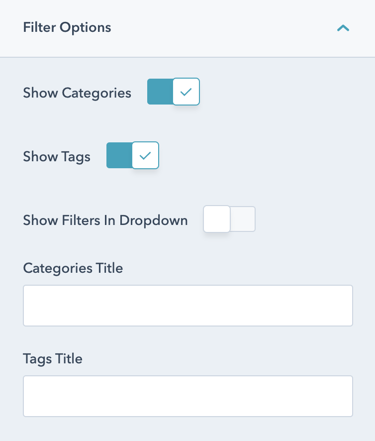 Filter options for the filter block module which control displays for categories and tags