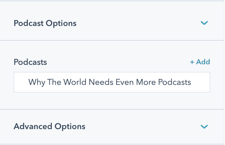View of the Podcast options in the page editor.