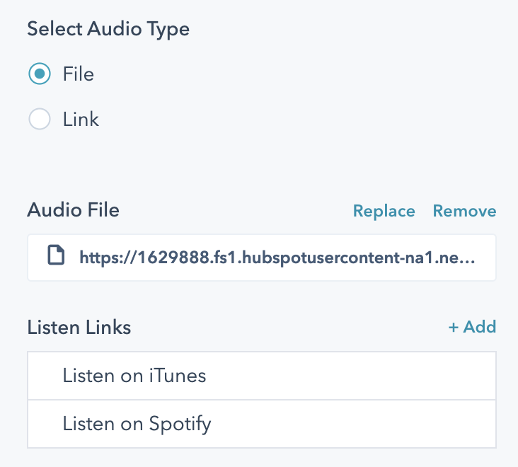 Audio options allowing user to select file or link for the podcast