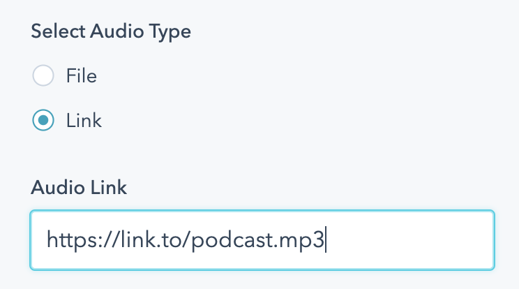 If audio type is set to link, a text field for the URL will appear.