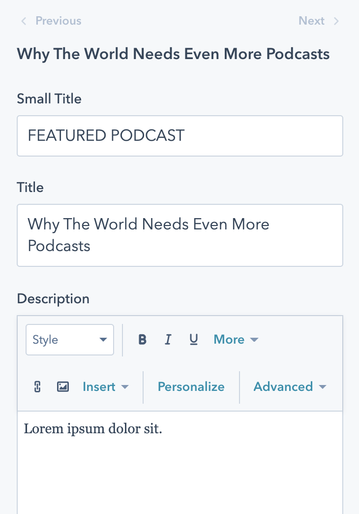 Podcast content options in the podcast module.