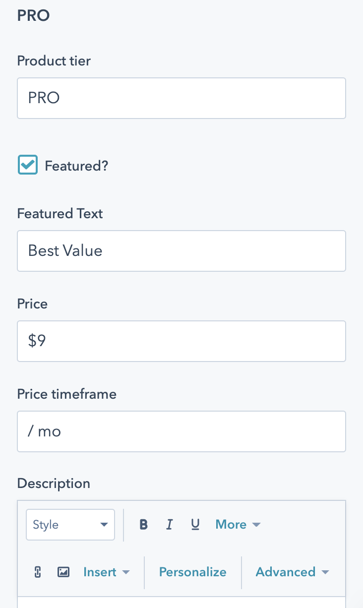 Pricing card module content for each card