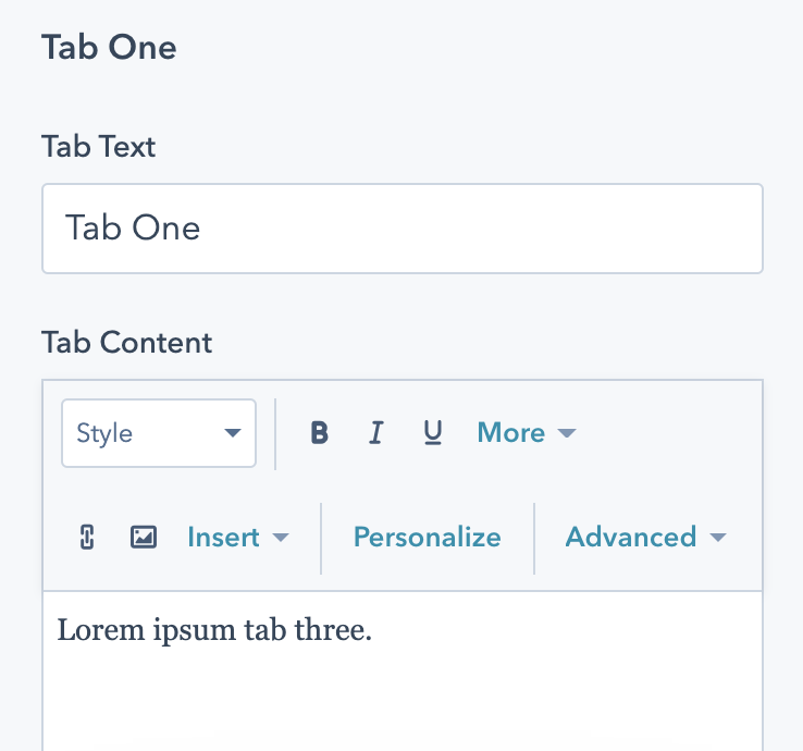 Content options for each tab in the tabs module.